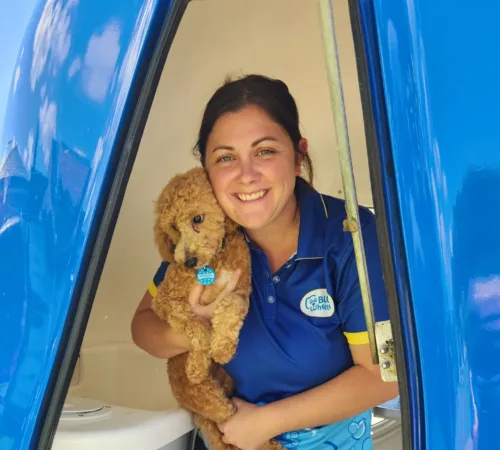 Woman with dog in Blue Wheelers trailer and uniform