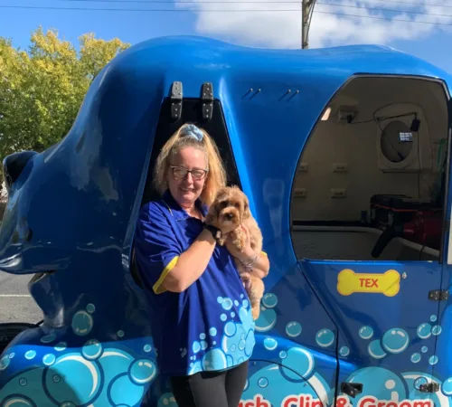 Jasmine from Blue Wheelers Kennington outside her trailer with a small dog